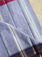 Load image into Gallery viewer, Kanchi Cotton Saree x Ganga-Jamuna Border : Greyish Blue x Berry x Dark Blue
