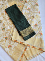 Load image into Gallery viewer, Banarasi Semi Silk Saree : Offwhite x Timber green
