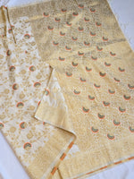 Load image into Gallery viewer, Banarasi Semi Silk Saree : Offwhite x Timber green
