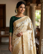 Load image into Gallery viewer, Banarasi Semi Silk Saree : Offwhite x Timber green
