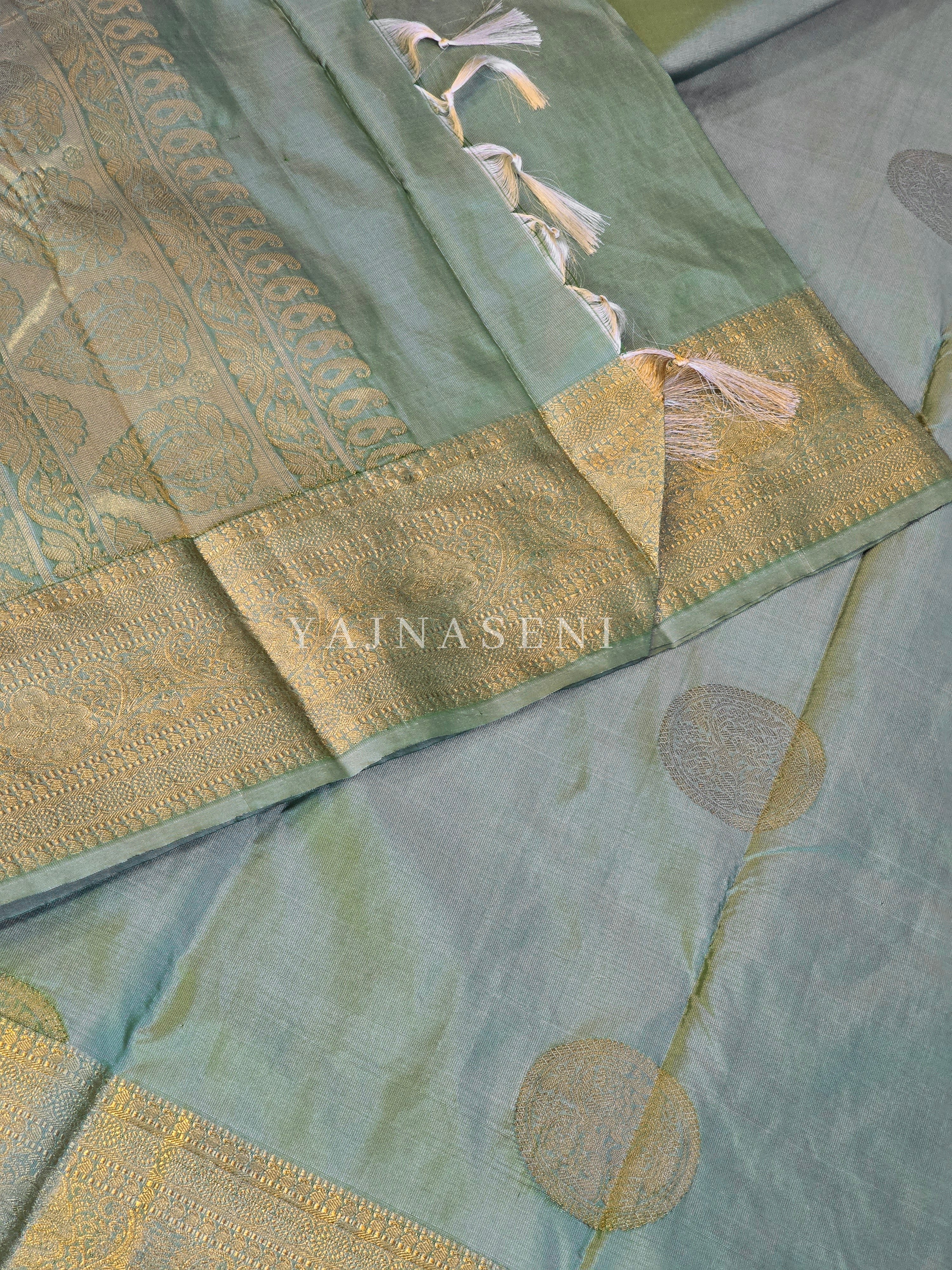 Semi Soft Silk Gold Zari Saree - Light Sage