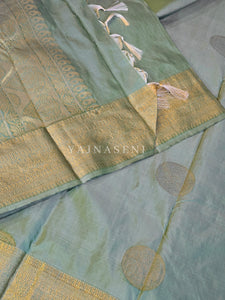 Semi Soft Silk Gold Zari Saree - Light Sage