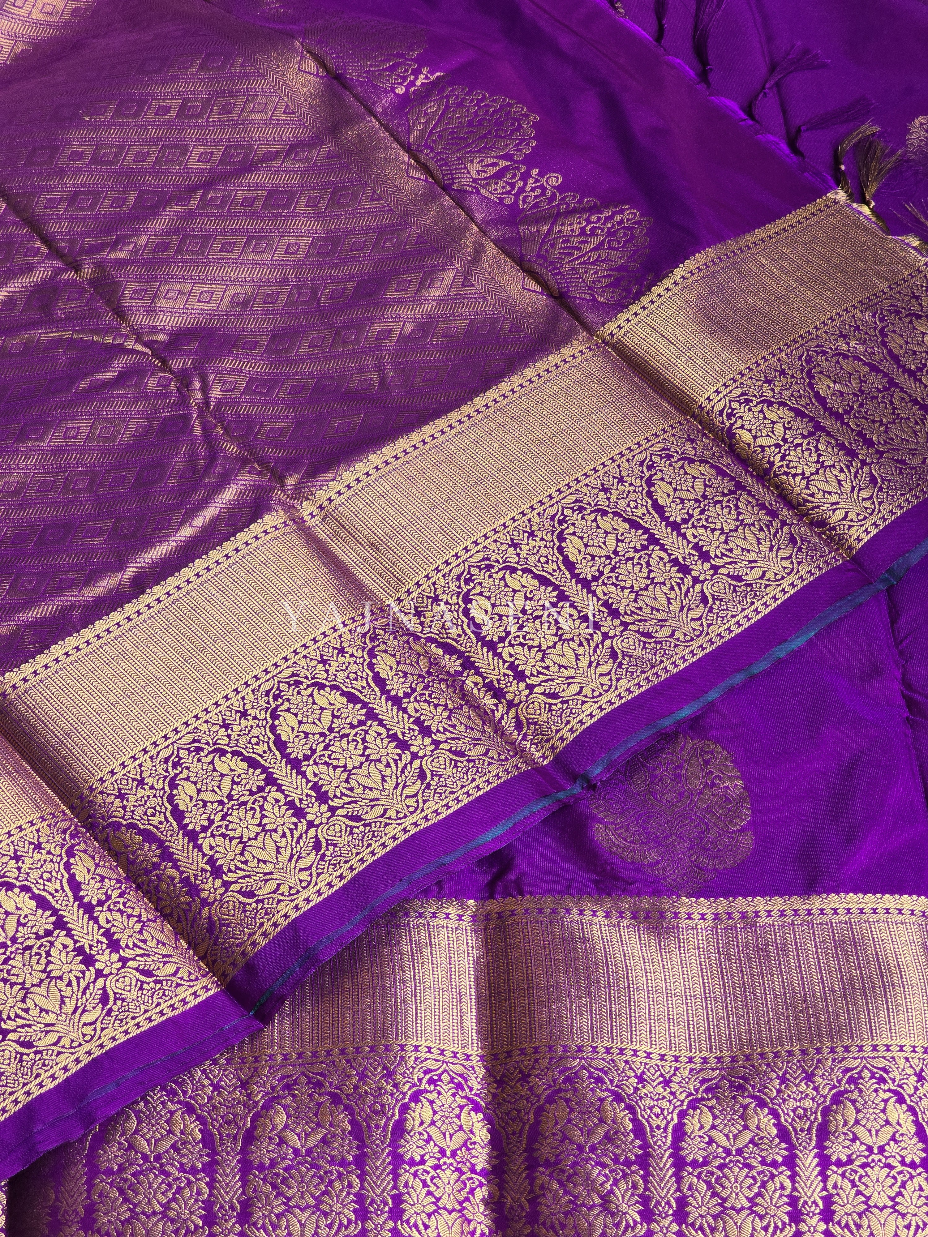 Color Block Series : Semi Kanchi Silk Saree - Purple x Teal