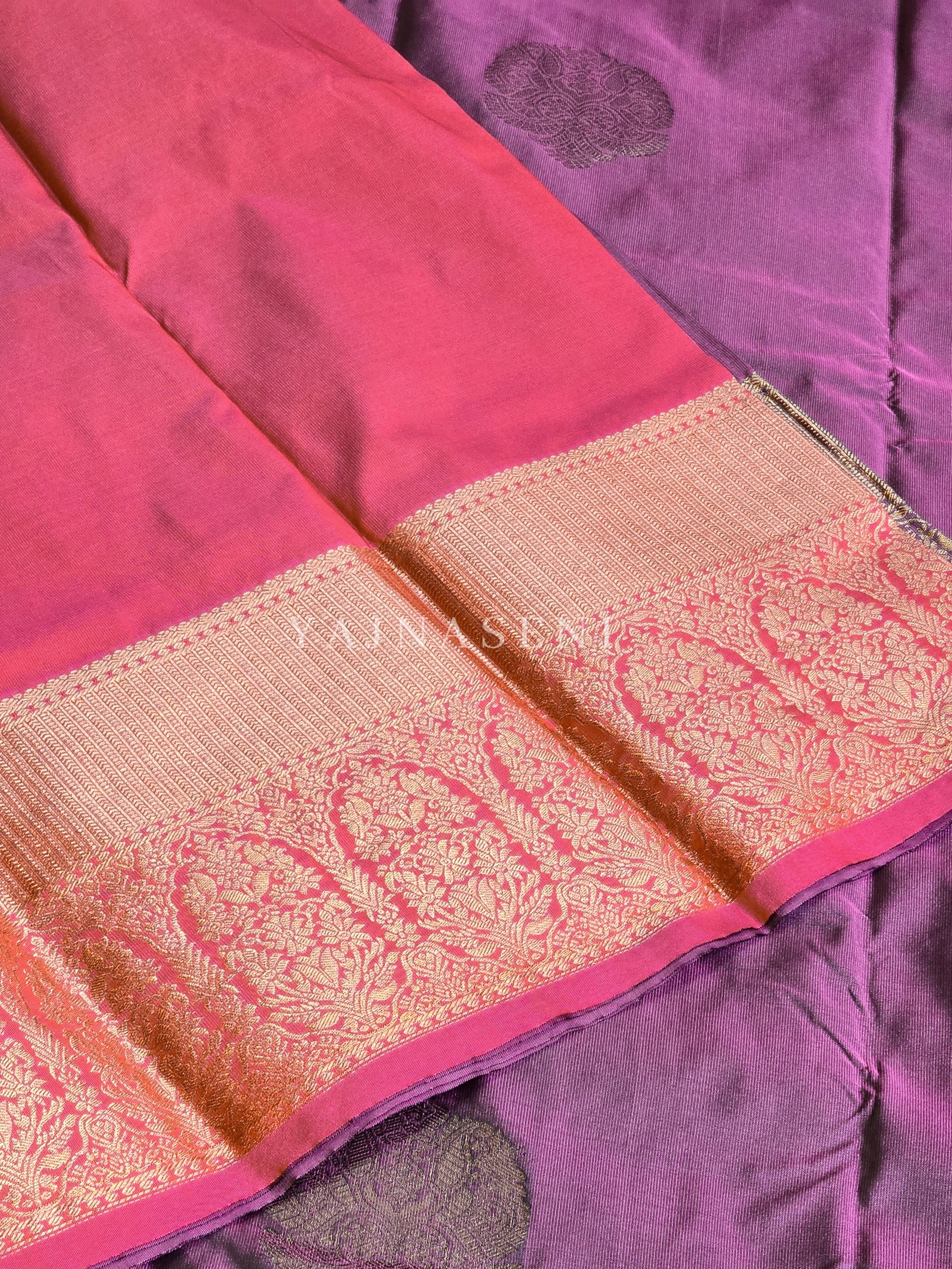 Color Block Series : Semi Kanchi Silk Saree - Dark Mauve x Pink