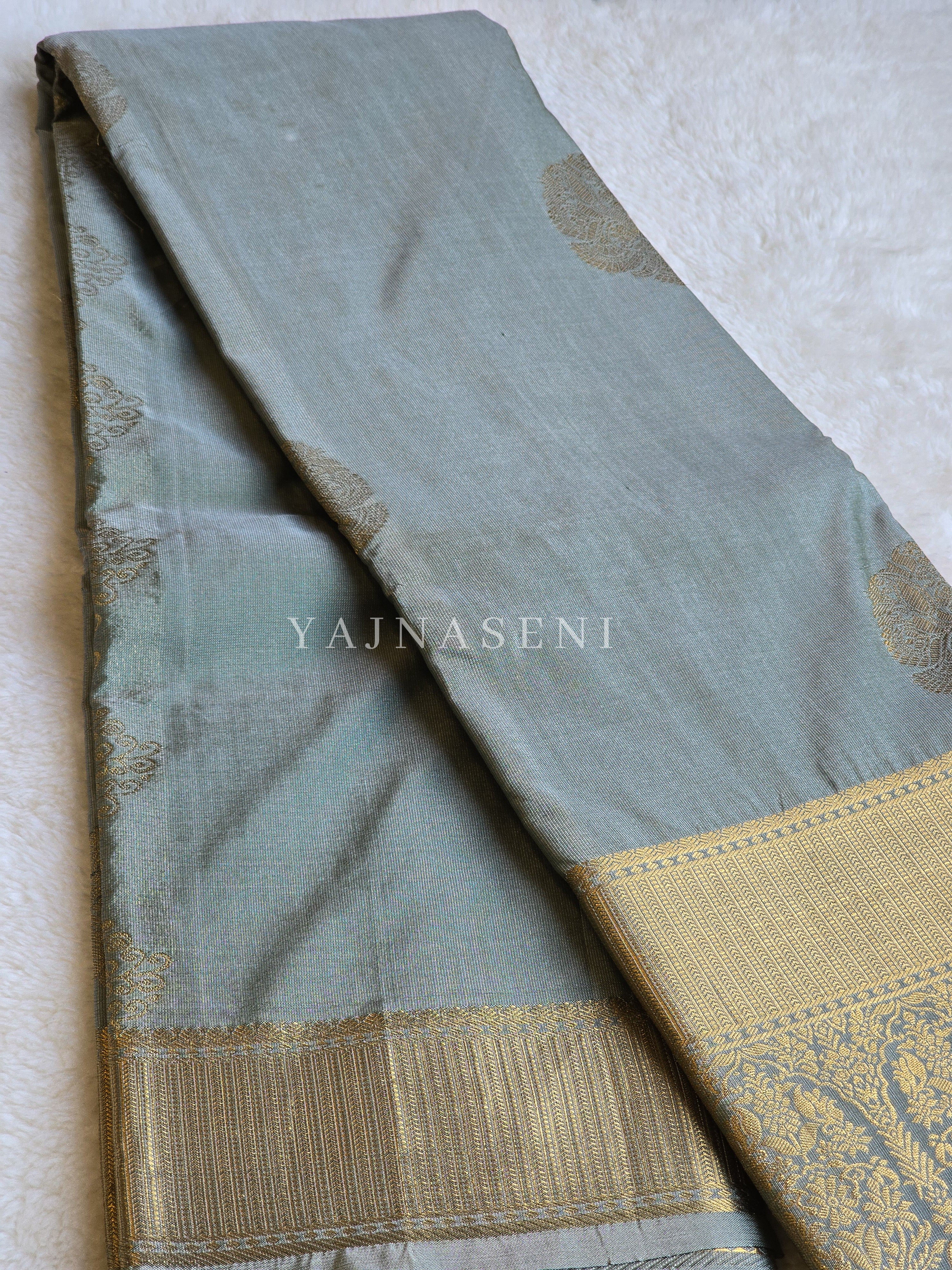 Color Block Series : Semi Kanchi Silk Saree - Sage x Cream