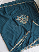 Load image into Gallery viewer, Georgette Saree x Floral x Elephant Sequins Blouse: Teal Blue
