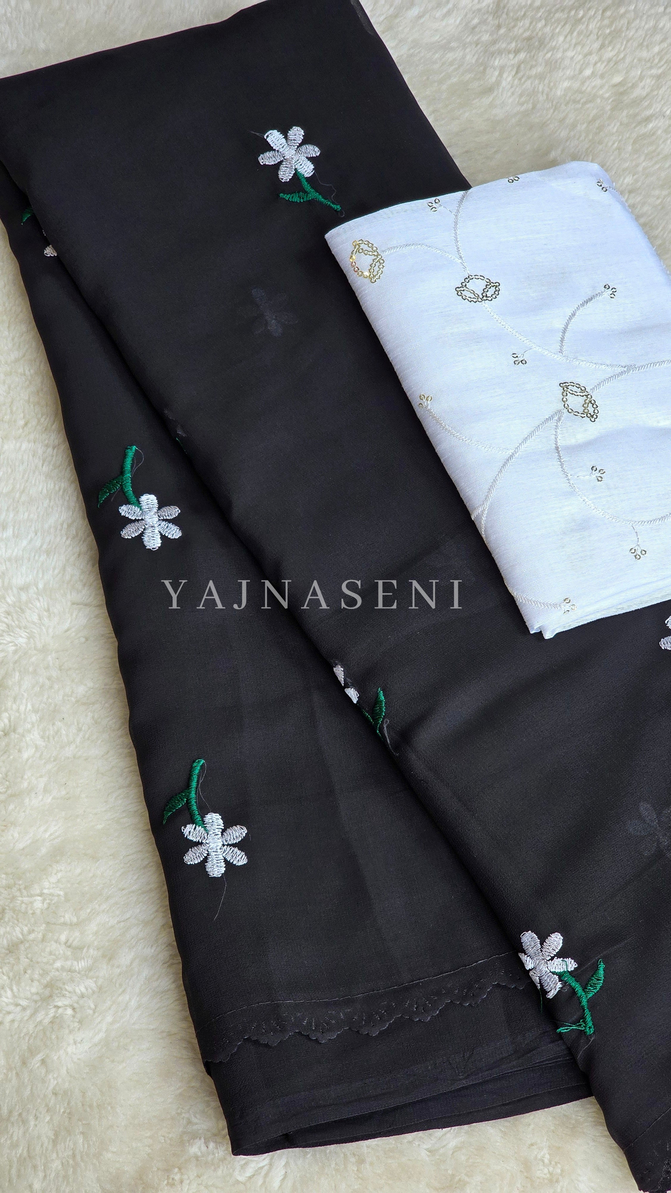 Minimalist floral x Georgette saree : Black