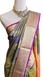 Load image into Gallery viewer, Kanchipuram Silk Saree - Dark Sage x Gold [Two-Tone]
