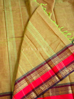 Load image into Gallery viewer, Kanchi Cotton Saree x  Dual Gap Border : Dark Olive [Red Undertone] x Wine
