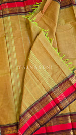 Load image into Gallery viewer, Kanchi Cotton Saree x  Dual Gap Border : Dark Olive [Red Undertone] x Wine
