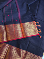 Load image into Gallery viewer, Kanchi Cotton Saree x Big Temple Border : Dark Blue x Red
