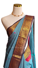 Load image into Gallery viewer, Kanchi Cotton Saree : Glaucous x Dark Brown
