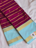 Load image into Gallery viewer, Kanchipuram Semi Silk Saree x Dual Gap Border - Dark Magenta x Baby Blue
