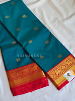 Load image into Gallery viewer, Kanchipuram Semi Silk Saree - Teal Blue x Dark Red
