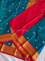 Load image into Gallery viewer, Kanchipuram Semi Silk Saree - Teal Blue x Dark Red
