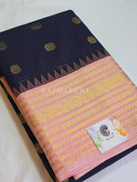 Load image into Gallery viewer, Kanchipuram Semi Silk Saree - Midnight Blue x Pastel Pink
