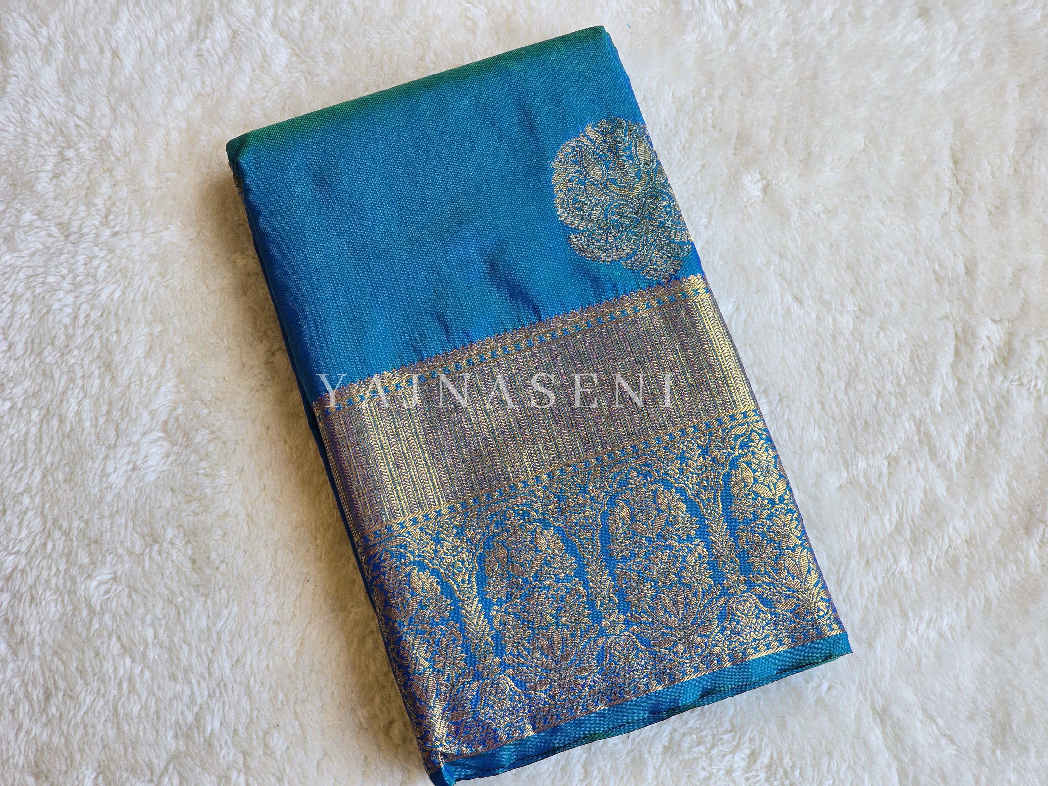 Monochrome Series : Semi Kanchi Silk Saree - Peacock