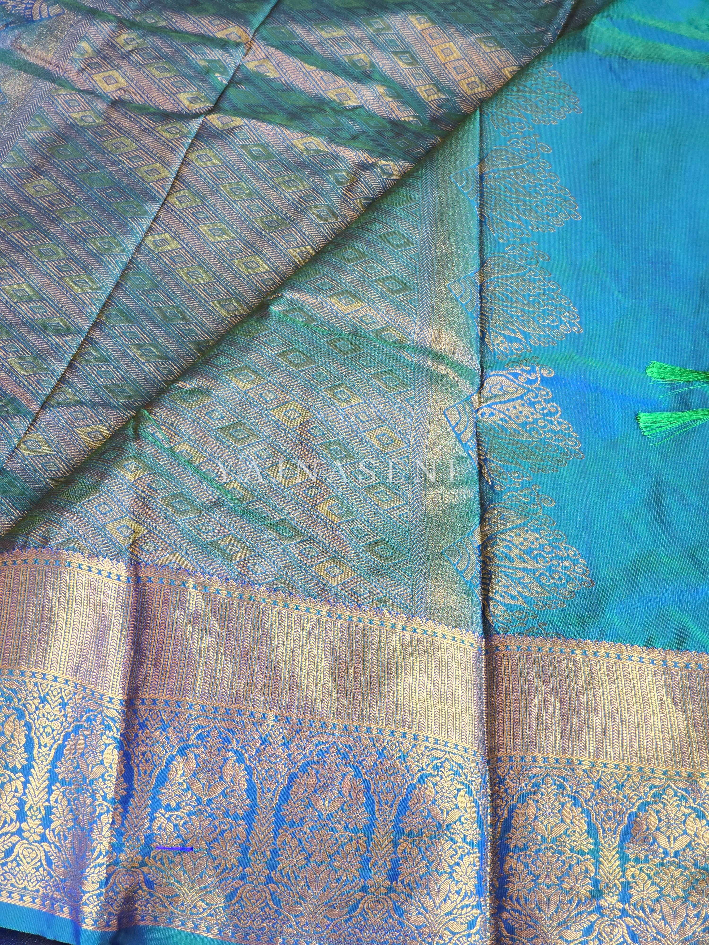 Monochrome Series : Semi Kanchi Silk Saree - Peacock