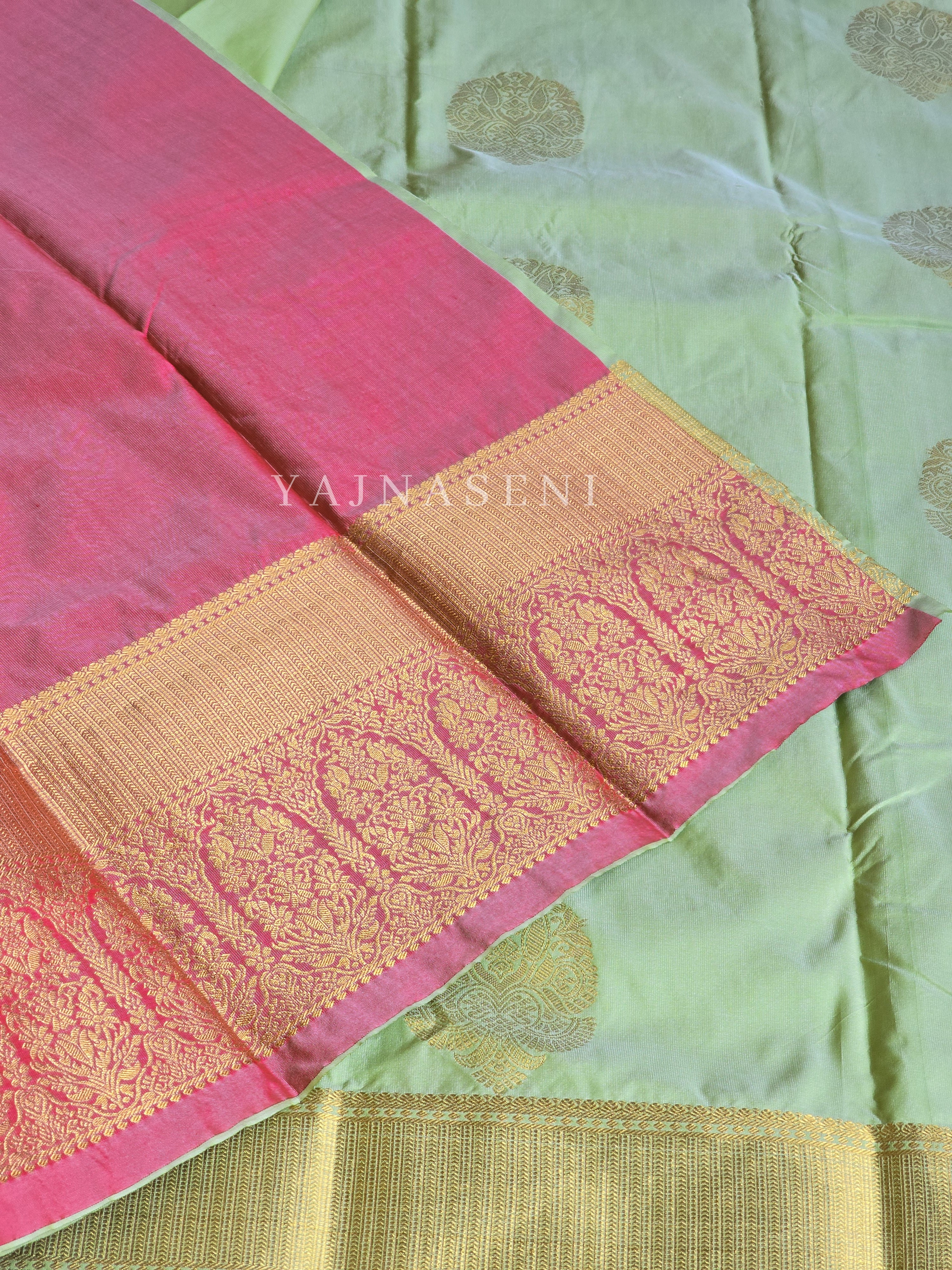 Color Block Series : Semi Kanchi Silk Saree - Pastel Green x Sweet Pink