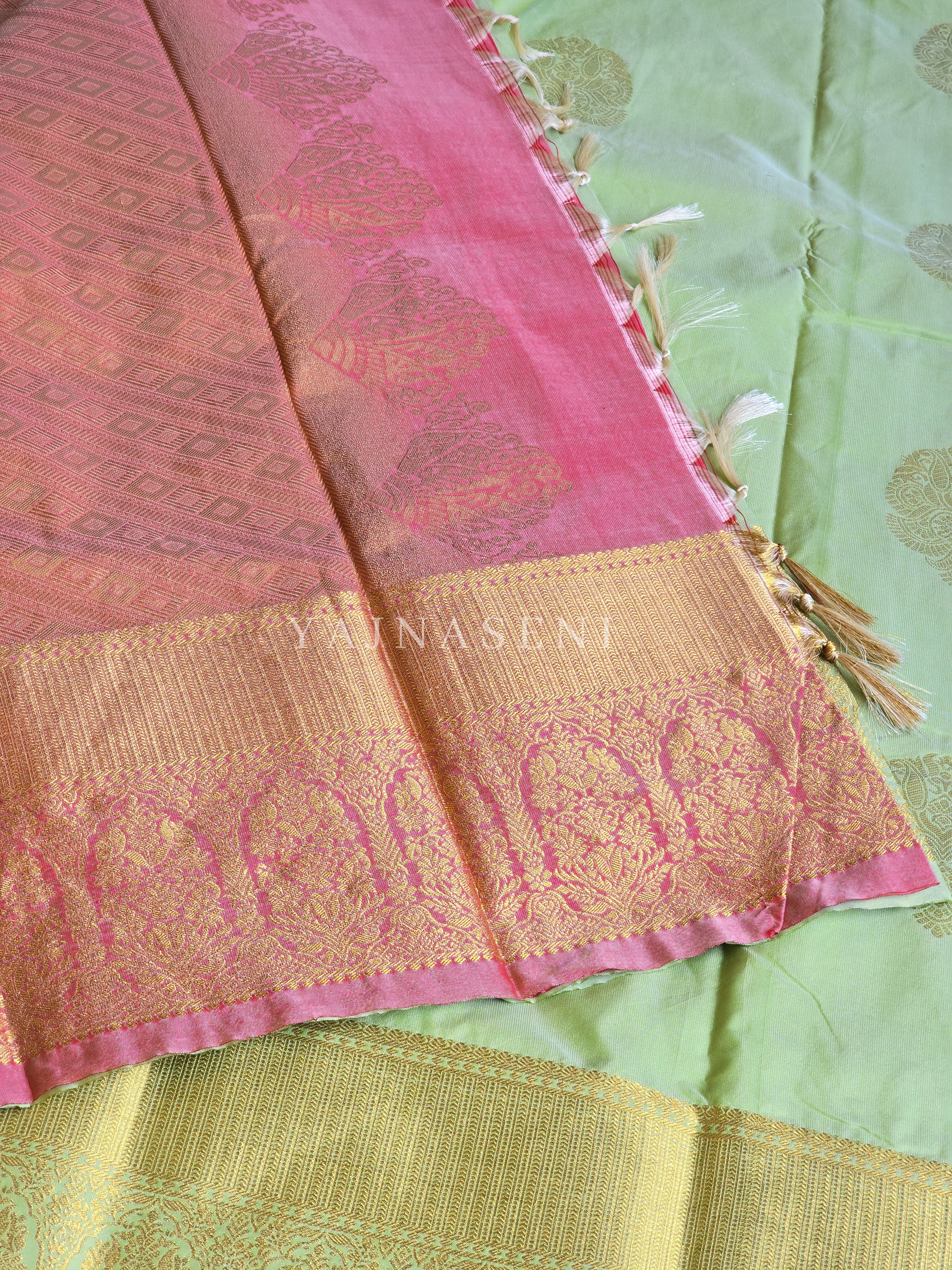 Color Block Series : Semi Kanchi Silk Saree - Pastel Green x Sweet Pink