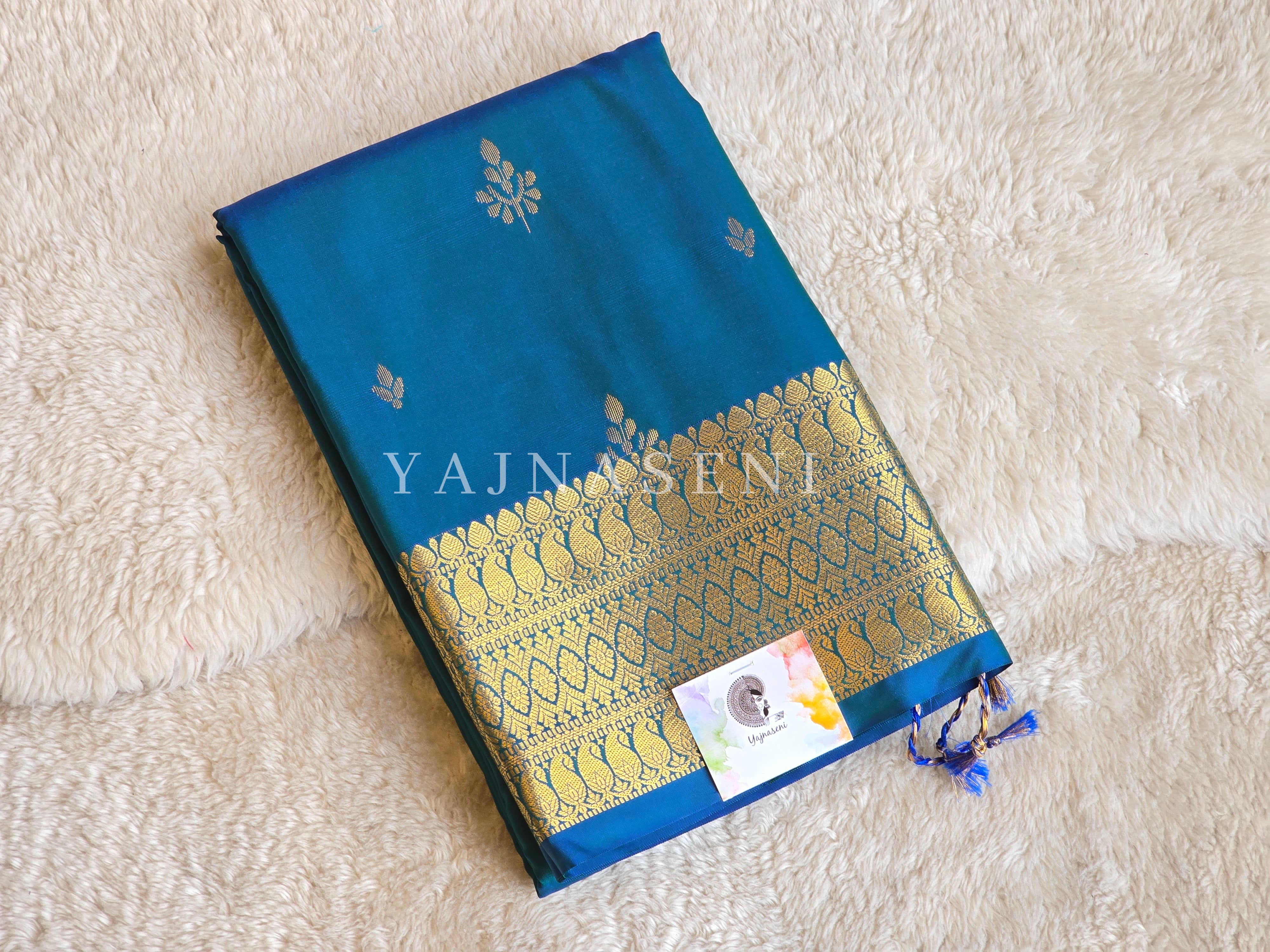 Dainty Motifs x Semi Soft Silk Saree - Peacock Blue
