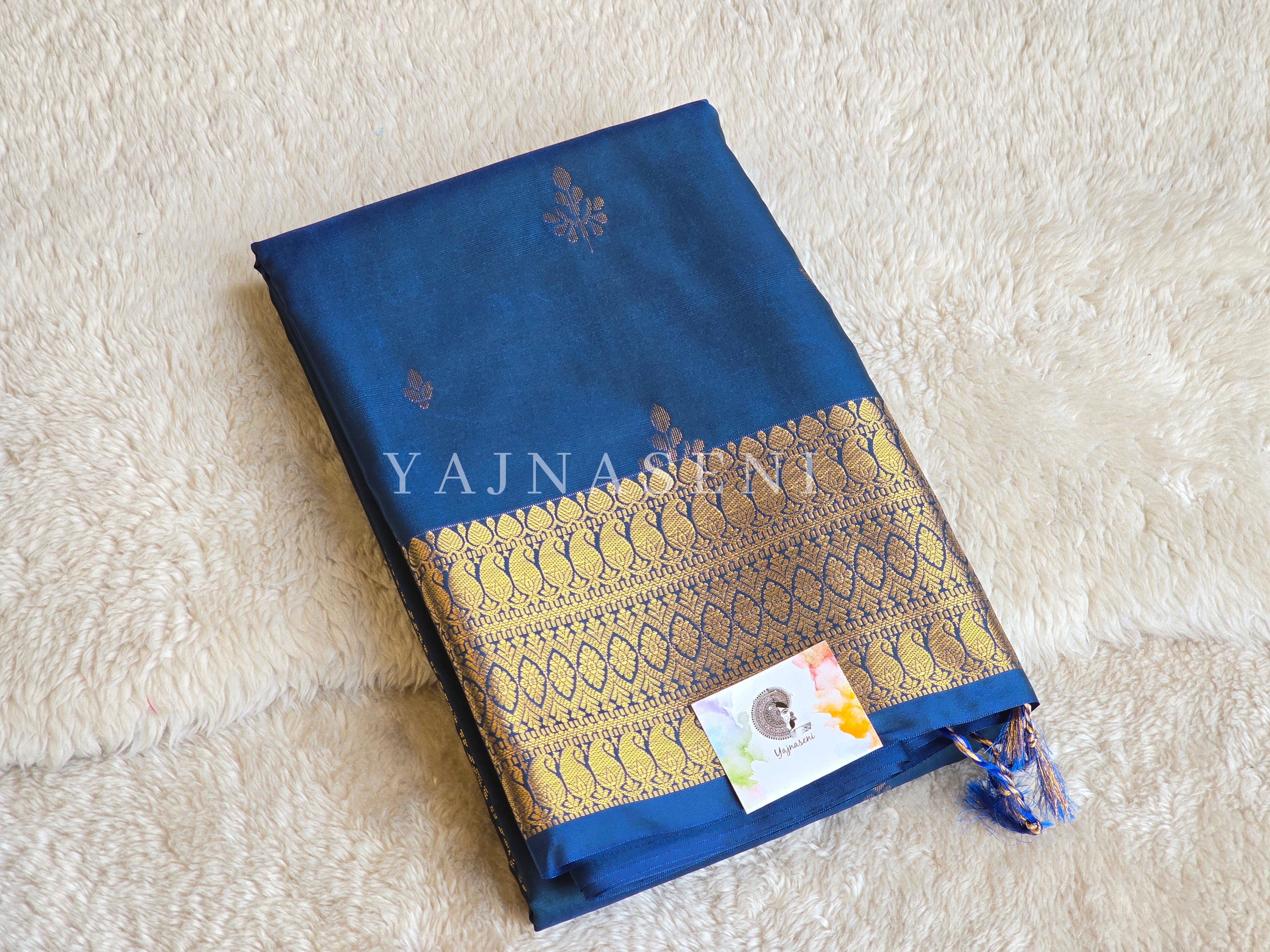 Dainty Motifs x Semi Soft Silk Saree - Blue (green undertone)