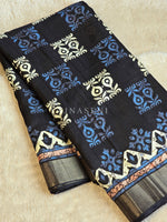 Load image into Gallery viewer, Soft Slub Silk Saree x Batik Prints - Black x Blue
