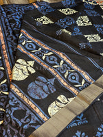 Load image into Gallery viewer, Soft Slub Silk Saree x Batik Prints - Black x Blue
