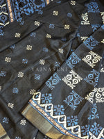 Load image into Gallery viewer, Soft Slub Silk Saree x Batik Prints - Black x Blue
