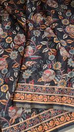 Load image into Gallery viewer, Linen Cotton x Kalamkari Print Saree - Black x Peacock x Deity
