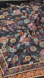 Load image into Gallery viewer, Linen Cotton x Kalamkari Print Saree - Black x Peacock x Deity
