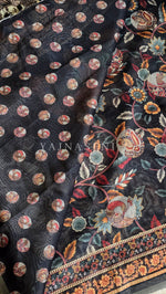 Load image into Gallery viewer, Linen Cotton x Kalamkari Print Saree - Black x Peacock x Deity
