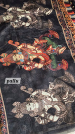 Load image into Gallery viewer, Linen Cotton x Kalamkari Print Saree - Black x Peacock x Deity
