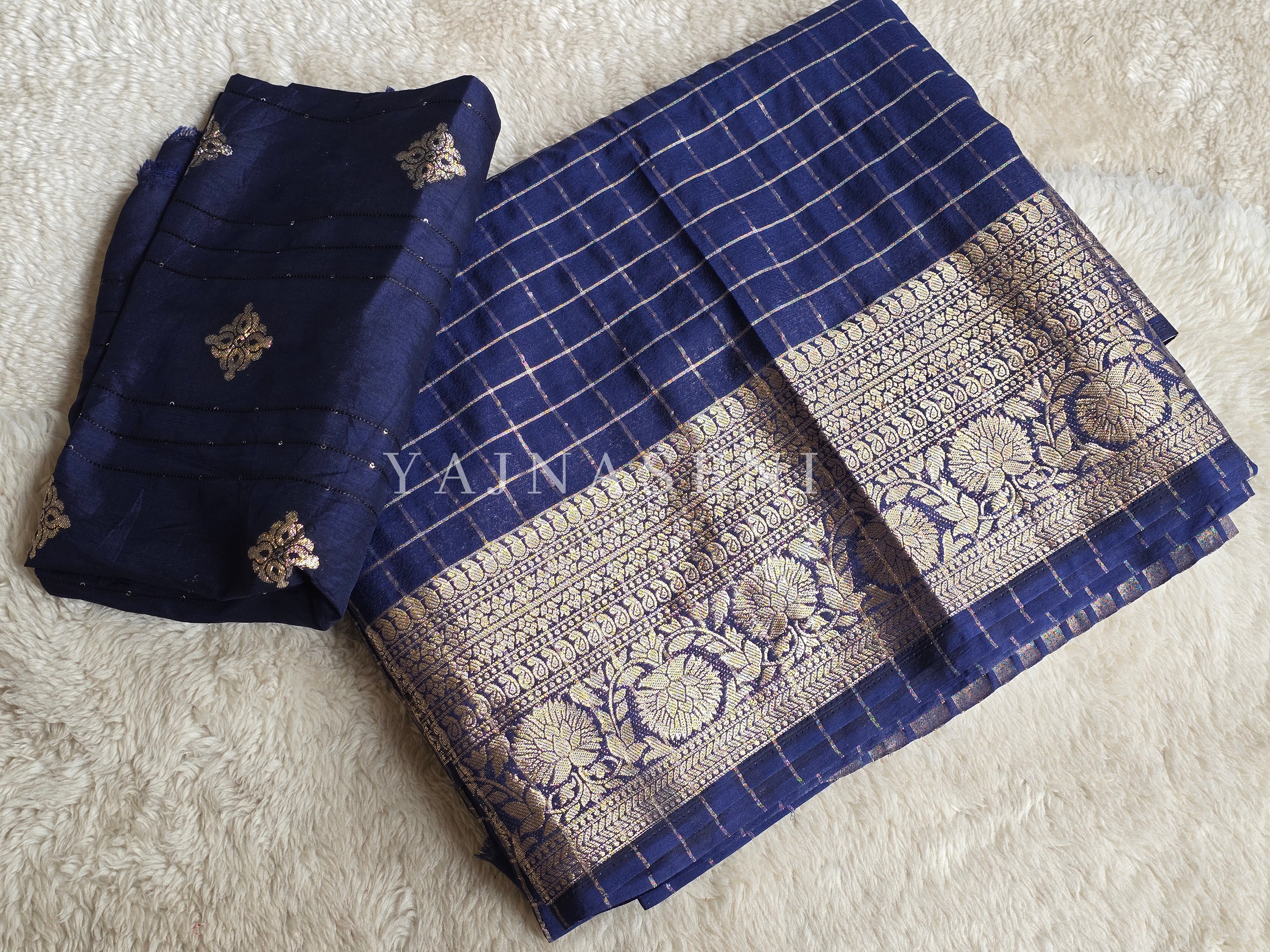 Georgette x Checkered Saree - Dark Blue