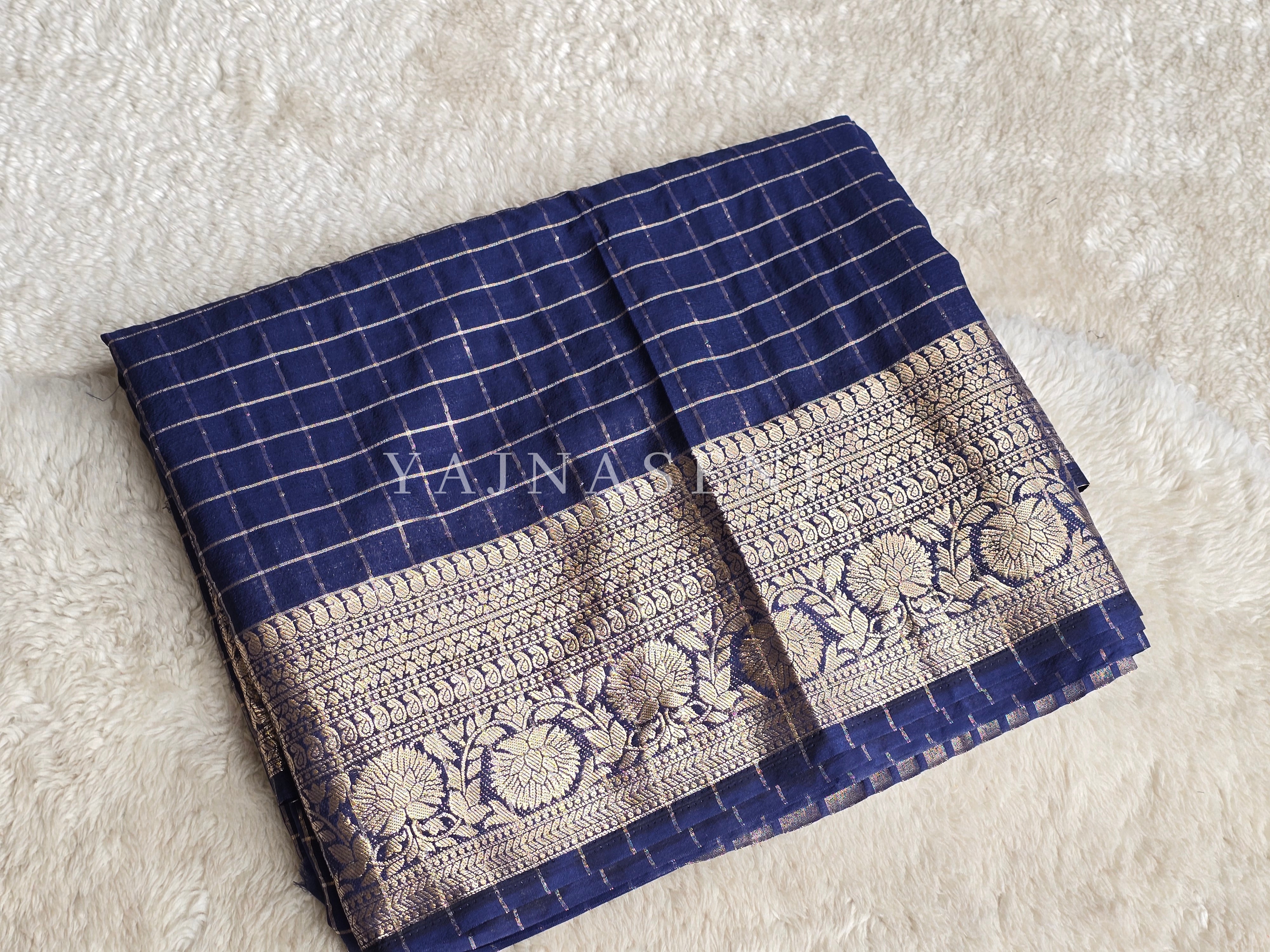 Georgette x Checkered Saree - Dark Blue