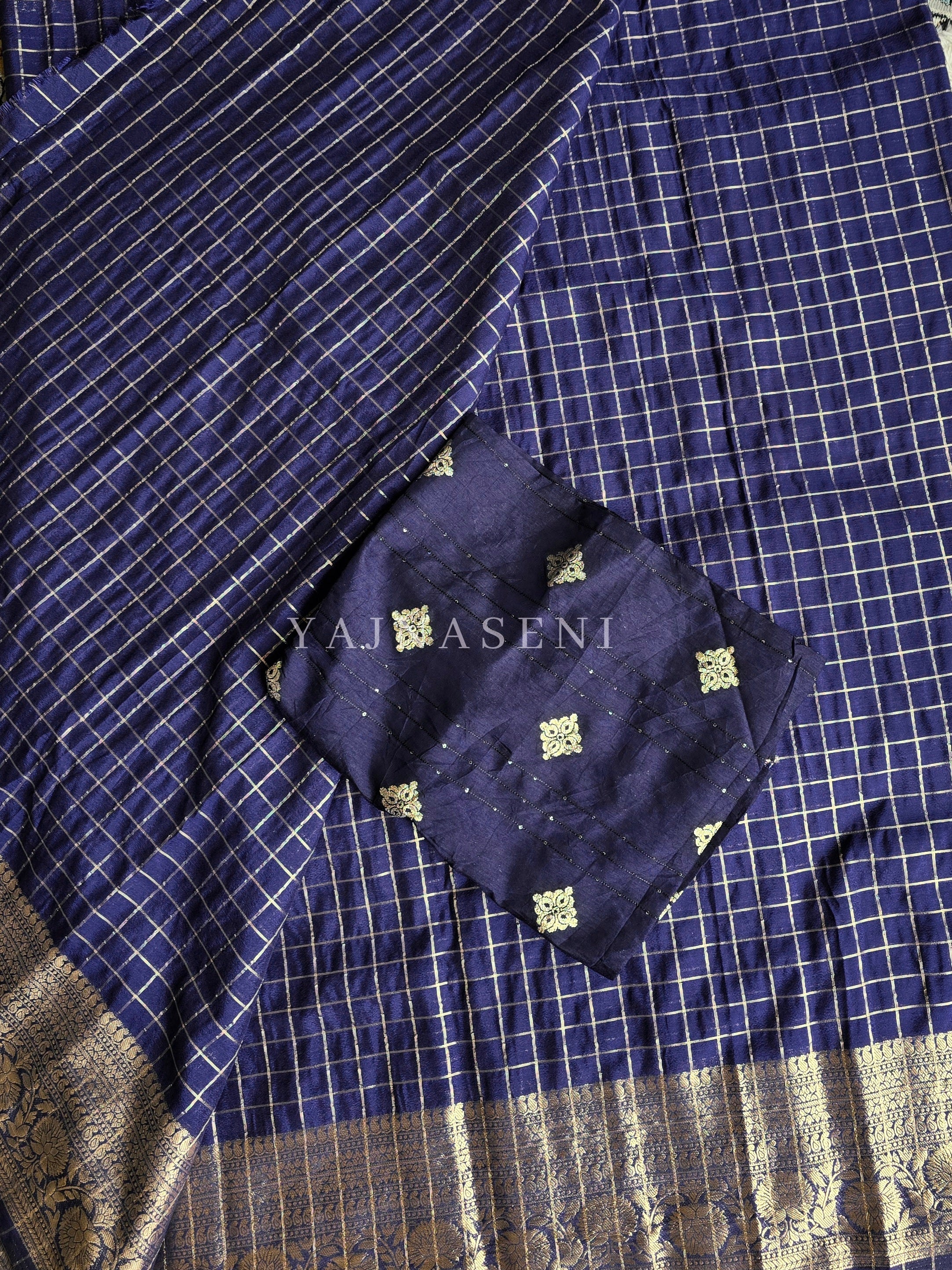 Georgette x Checkered Saree - Dark Blue
