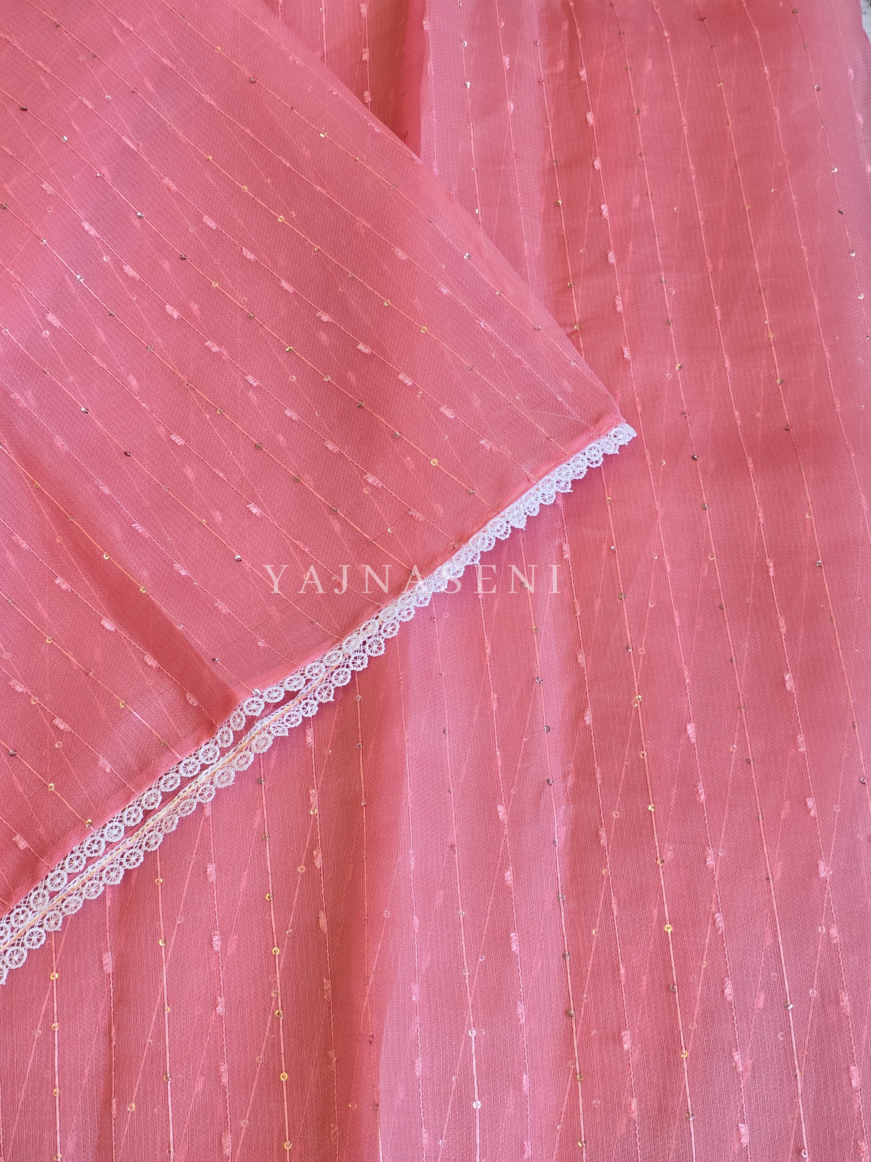 Organza saree x sequins x white lace - Pink