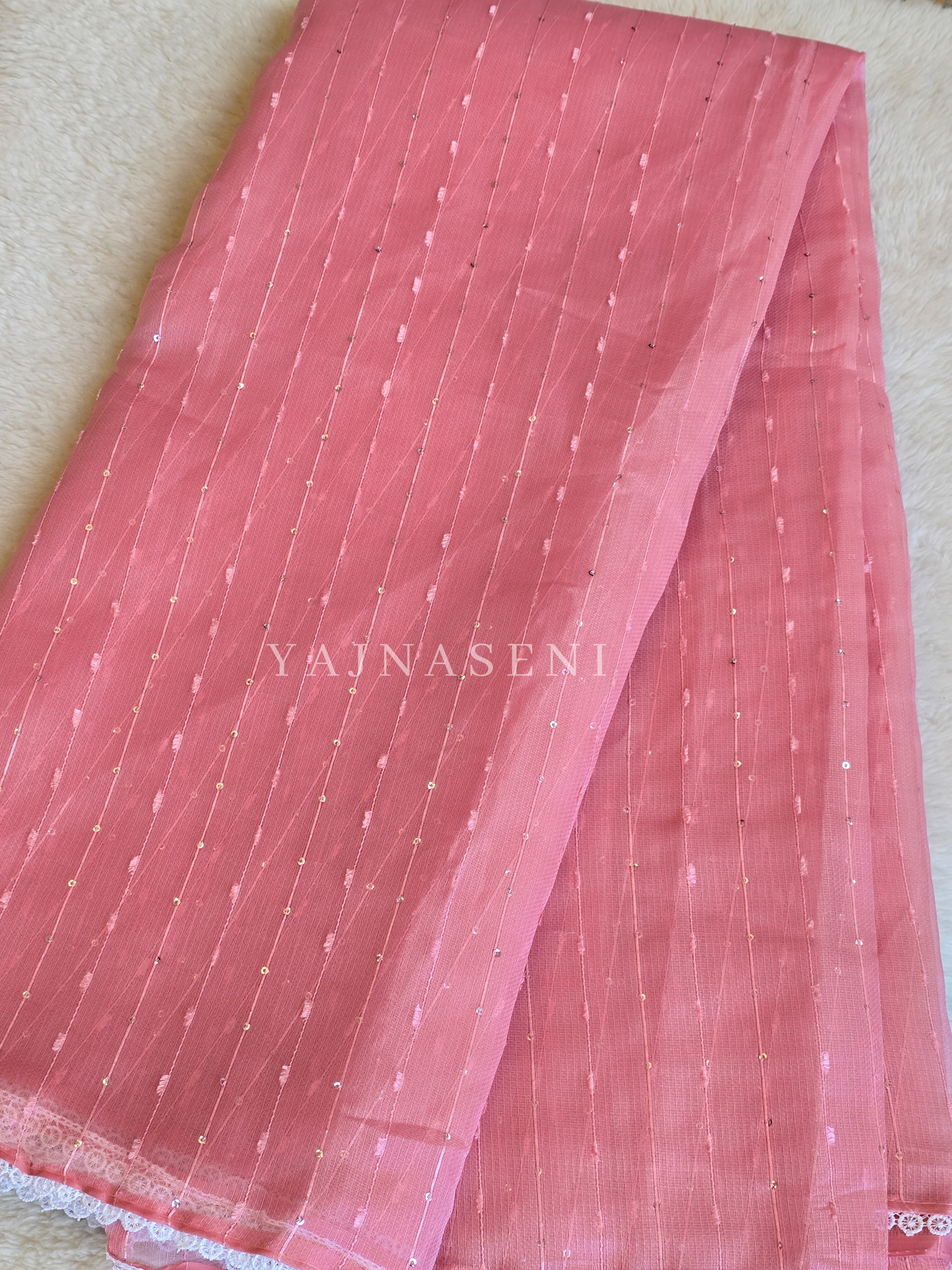 Organza saree x sequins x white lace - Pink