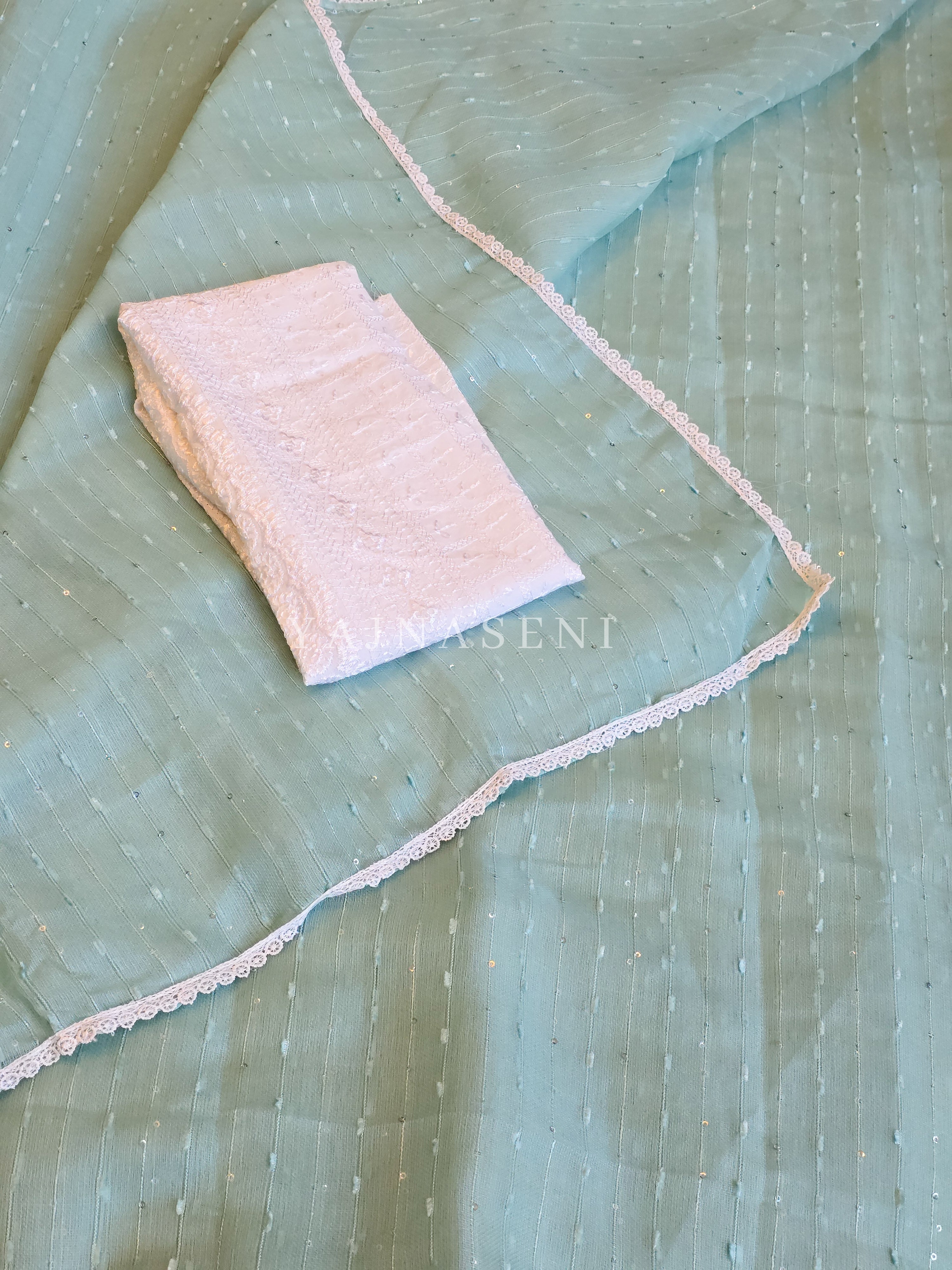 Organza saree x sequins x white lace - Pastel Blue