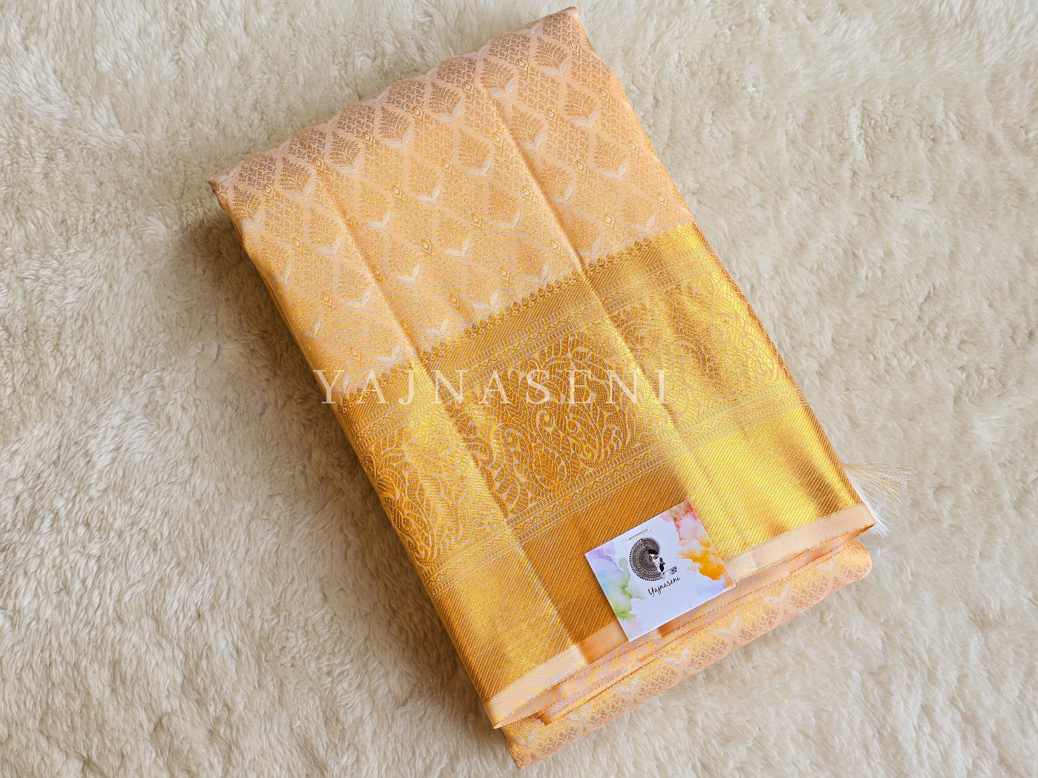 Golden Peach - Pure Kanjivaram Silk Saree with Silver & Gold Zari