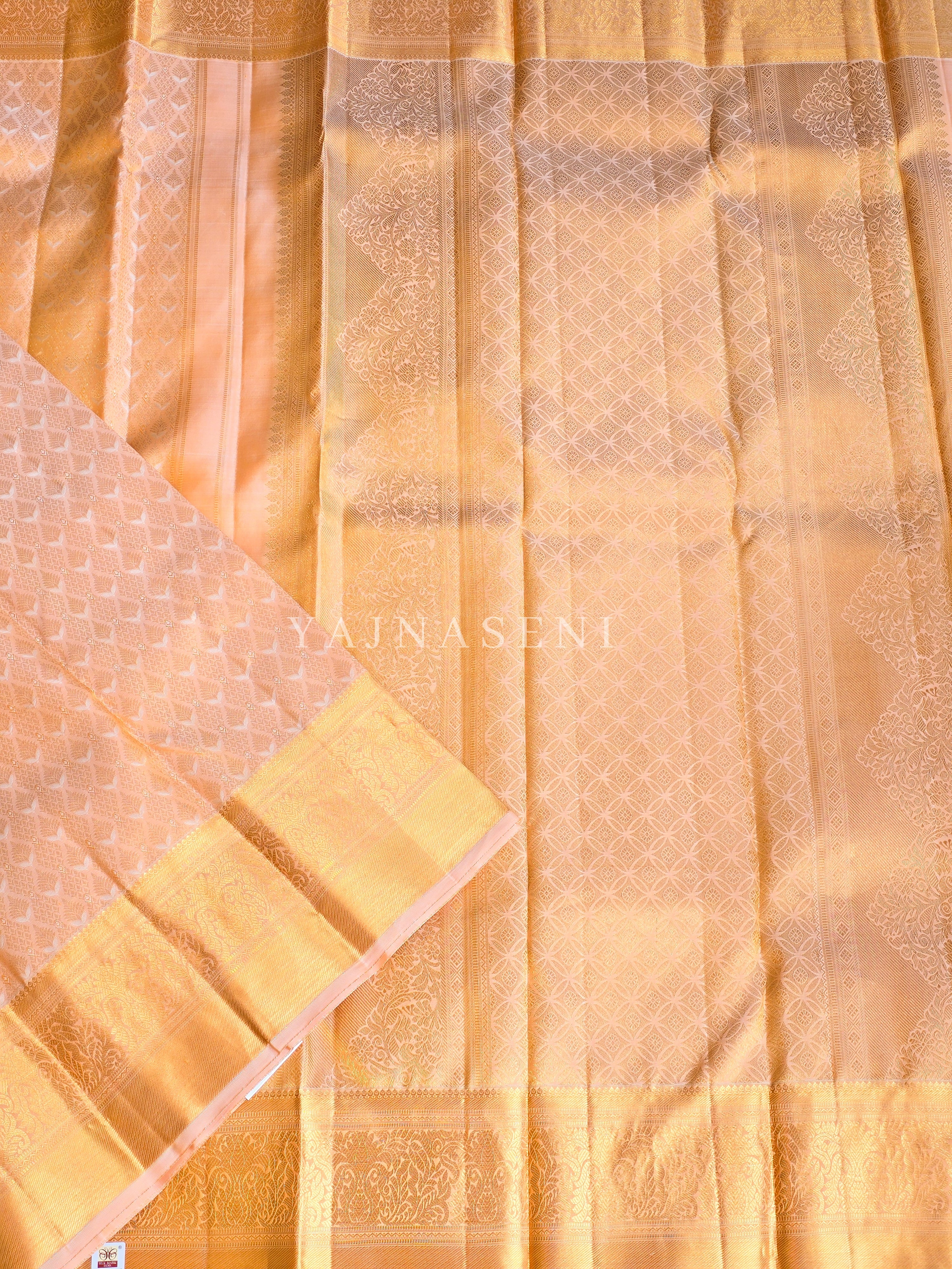 Golden Peach - Pure Kanjivaram Silk Saree with Silver & Gold Zari