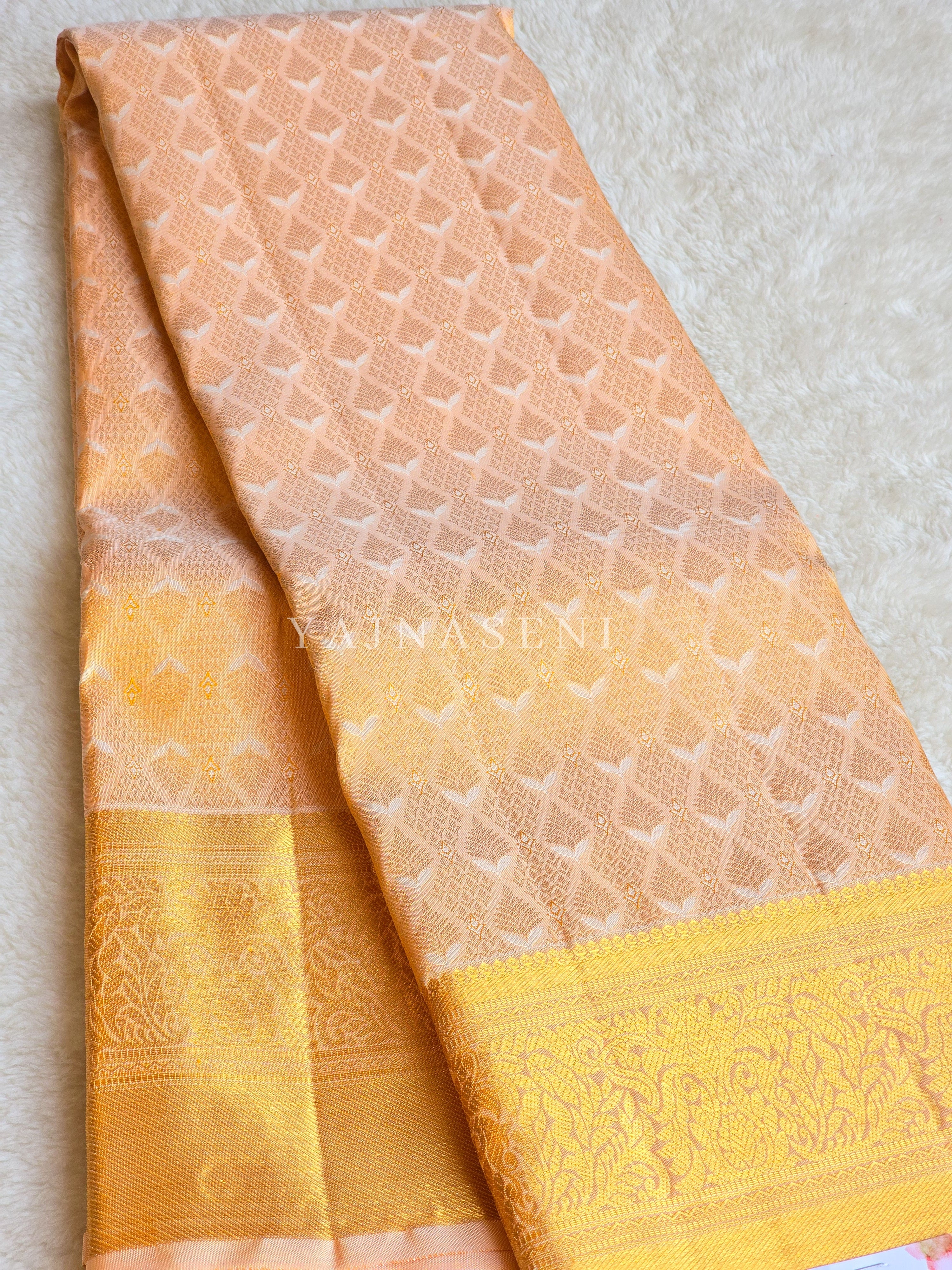 Golden Peach - Pure Kanjivaram Silk Saree with Silver & Gold Zari