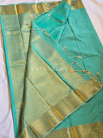 Load image into Gallery viewer, Minimalist Semi Silk Saree x Gold Zari - Aqua Green
