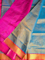 Load image into Gallery viewer, Minimalist x Handloom Kanchipuram Silk Cotton Saree : Metallic Aqua x Hot Pink
