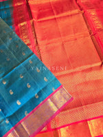 Load image into Gallery viewer, Vairaoosi x Handloom Kanchipuram Silk Cotton Saree : Dark Cerulean x Red
