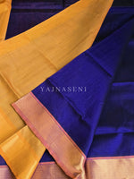 Load image into Gallery viewer, Handloom Kanchipuram Silk Cotton Saree : Royal Blue x Mustard Orange
