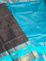 Load image into Gallery viewer, Annapakshi x Kattam x Handloom Kanchipuram Silk Cotton Saree : Black x Sky Blue x Turquoise
