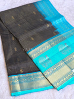 Load image into Gallery viewer, Annapakshi x Kattam x Handloom Kanchipuram Silk Cotton Saree : Black x Sky Blue x Turquoise
