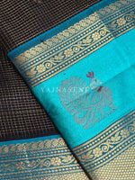 Load image into Gallery viewer, Annapakshi x Kattam x Handloom Kanchipuram Silk Cotton Saree : Black x Sky Blue x Turquoise
