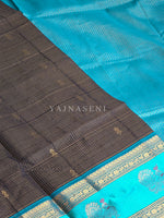 Load image into Gallery viewer, Annapakshi x Kattam x Handloom Kanchipuram Silk Cotton Saree : Black x Sky Blue x Turquoise
